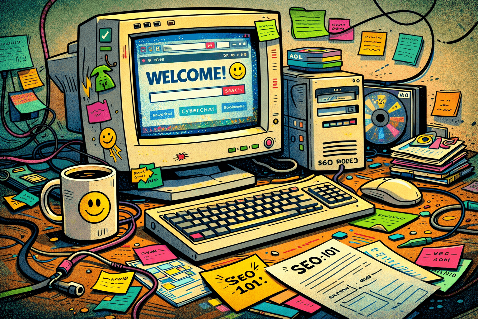 Cartoon messy desk of the start up of SEO 101 back in 2004!